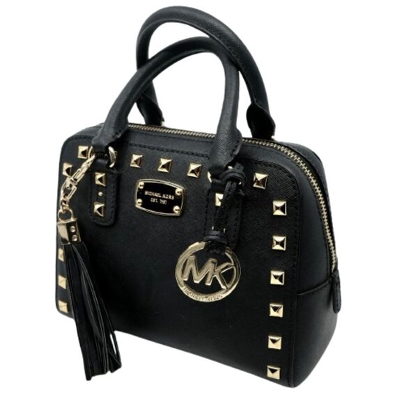 MICHAEL KORS~SANDRINE~Black Saffiano Leather Studded Mini Satchel Crossbody Bag - Picture 1 of 7